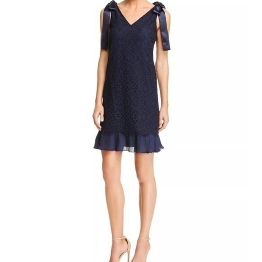 NWT Nanette Lepore Navy Blue Dary Lace Shift Dress Tie Shoulder Pleated‎ Hem 4